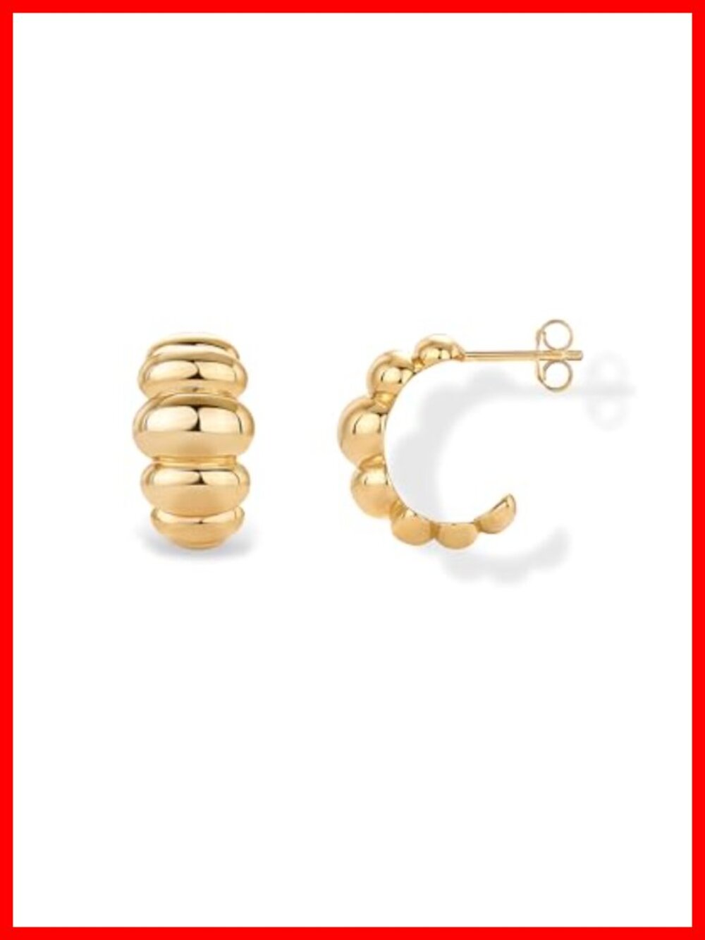14K Gold Plated Ribbed Hoop Earrings Chunky Ridged 925 Sterling Silver Posts